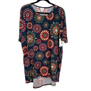 LuLaRoe IRMA Mandala Navy Blue Flowers Red Yellow Hi-Low Tunic Top Shirt SMALL S